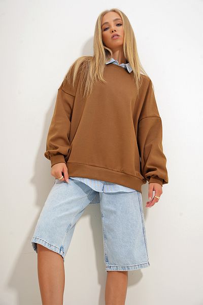 Trend Alaçatı Stili Oversize dámská mikina hnědé barvy - Crew Neck Alc-X12565