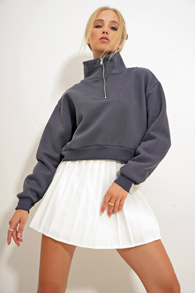 Trend Alaçatı Stili Roláková antracitová dámská Crop mikina - 3vláknový rastr uvnitř