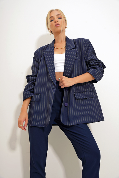 Trend Alaçatı Stili Női sötétkék csíkos blézer - bélelt, ALC-X12583