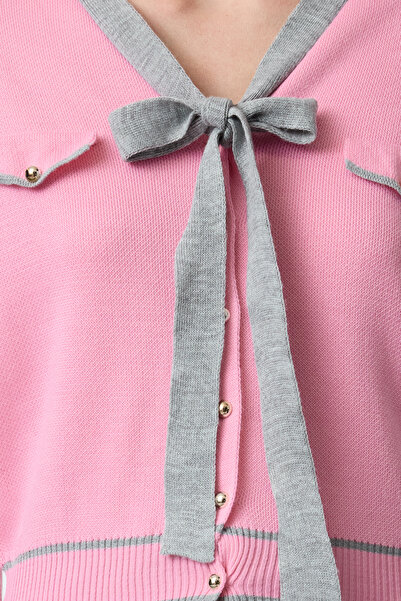 Trendyol Collection Knitwear Cardigan with Gray Ribbon Bow Detail - Twoaw25Hi00246