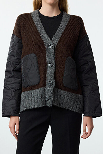 Trendyol Collection Color Blocked Anthracite Knitwear Cardigan - Soft Texture, Quilted Detail Twoaw25Hi00294