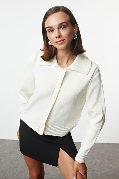 Trendyol Collection Turn-Down Collar Zippered Ecru Knitwear Cardigan - Soft Textured Twoaw24Hi00092