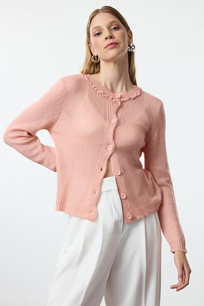 Trendyol Collection SofT TexTured Pink KniTwear Cardigan - Tulle Embroidered, TWOAW25HI00305