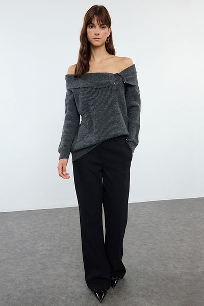 Trendyol Collection Carmen Collar Anthracite Knitwear Sweater - Soft Texture Twoaw25Kz00266