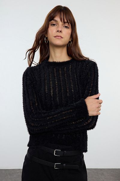 Trendyol Collection Pulover subțire, negru, transparent, tricotaj - TWOAW25KZ00229