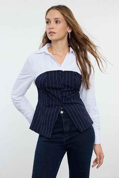 Trendyol Collection Tkaná košile s pruhovanou vestou v námořnické modré bez ramínek - TWOAW25GO00054