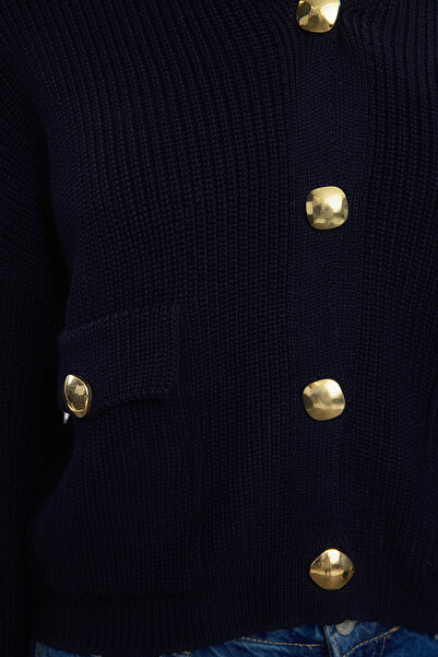 Trendyol Collection Ágyazási gallér sötétkék pamut kardigán - TWOAW25HI00137