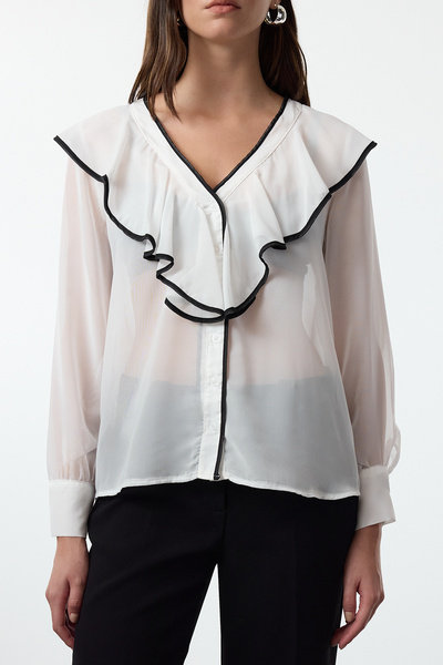 Trendyol Collection Ecru Regular Ruffle Detailed Shirt - Twoaw25Go00011
