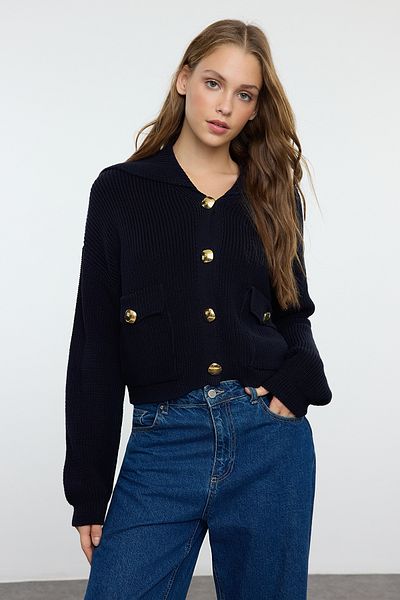 Trendyol Collection Трикотажний кардиган з відкладним коміром темно-синій TWOAW25HI00137