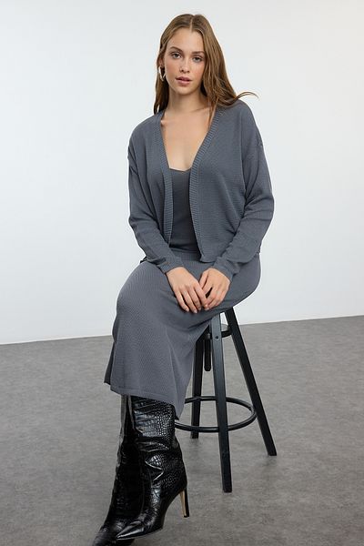 Trendyol Collection Premium Anthracite Midi Knitwear Cardigan and Dress Set - Special Yarn Twoaw25El00075