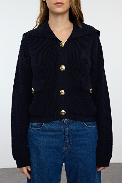 Trendyol Collection Ágyazási gallér sötétkék pamut kardigán - TWOAW25HI00137