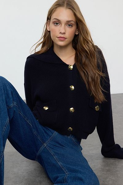 Trendyol Collection Трикотажний кардиган з відкладним коміром темно-синій TWOAW25HI00137