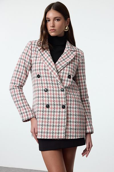 Trendyol Collection Kockás mintás szárított rózsa blézer dzseki - duplasoros és bélelt, TWOSS22CE0088