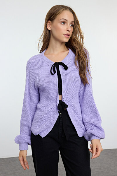 Trendyol Collection Crop liliac, cu două fețe, purtabil, cu panglică/funda, tricotaje cu detaliu, pulover TWOAW25KZ00074