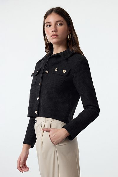 Trendyol Collection Черно златисто златисто късо сако - яка на риза, с копчета, тъкани Twoaw23Ce00252