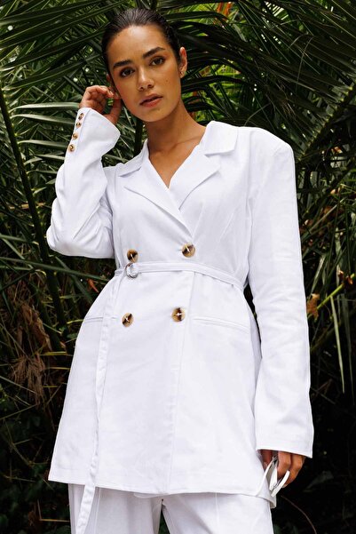 Hooopstore White Linen Blazer - Jacket with Tie Detail