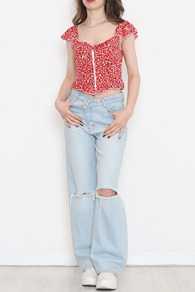 elbse Dean Red Floral Print Zip Crop Blouse - 18473.1153