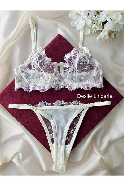 CES'Y LİNGERİE LILA-EKRU SET SUTIEN CU BRODAT CU MODEL CRUNCHY