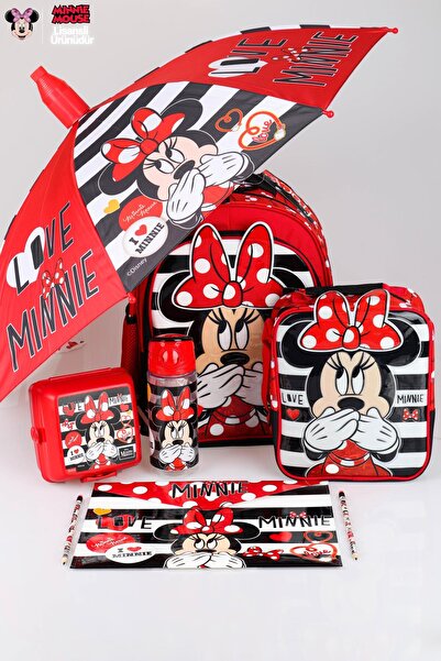 Minnie Mouse YENİ SEZON LİSANSLI MINNIE MOUSE OKUL,BESLENME ÇANTASI İLE BESLENME KABI,MATARA 500 ML,ŞEMSİYE VE KI