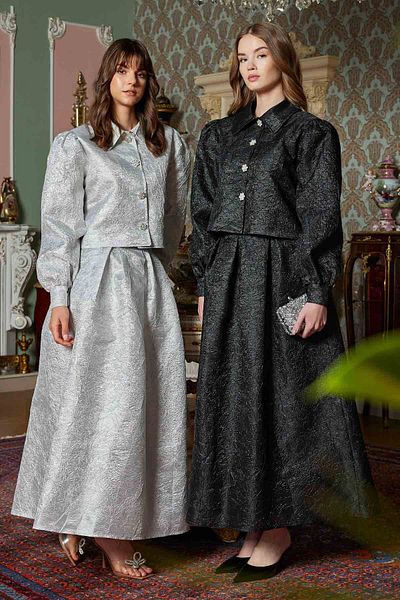 Hooopstore Black Brocade Skirt and Stone Button Suit