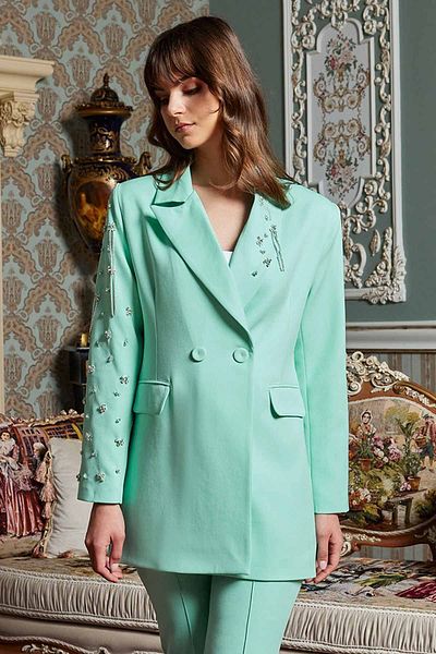 Hooopstore Jachetă Blazer Brodată cu Piatră Verde Mentă - Guler și mâneci