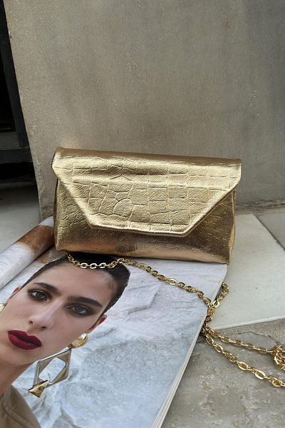 LEONAS Geantă de mână și de umăr pentru femei Croc Clutch cu curea lungă Amedea Gold