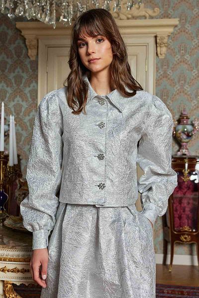 Hooopstore Gray Brocade Skirt and Stone Buttoned Suit