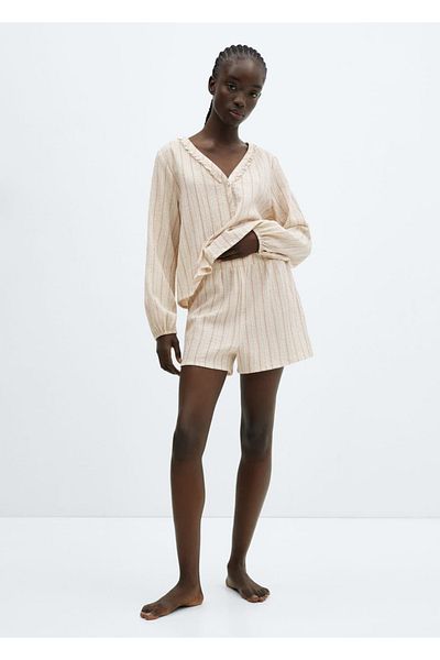 MANGO Woman Two Piece Textured Cotton Pajamas