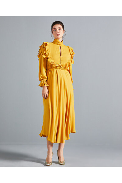 SERPİL Fırfır Detaylı Belden Lastikli Uzun Safran Elbise 36891
