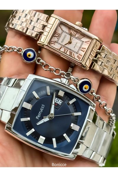 Ferrucci Rose Brand - Lover Couple Wristwatches and Rosary Bracelet, Steel Cord Square Case
