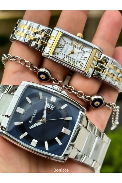 Ferrucci Colorful Steel Band Lover Watches - Silver/Yellow Rosary Bracelet Gift