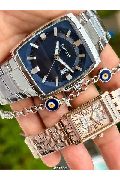Ferrucci Rose Brand - Lover Couple Wristwatches and Rosary Bracelet, Steel Cord Square Case