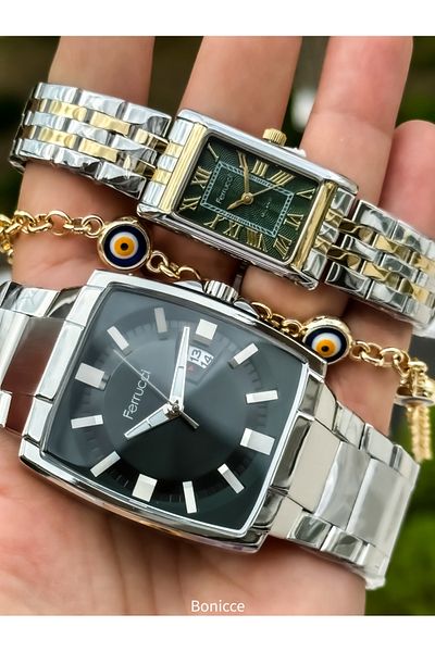 Ferrucci Colorful Steel Band Lover Watches - Silver/Yellow Rosary Bracelet Gift