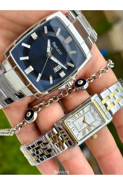 Ferrucci Colorful Steel Band Lover Watches - Silver/Yellow Rosary Bracelet Gift