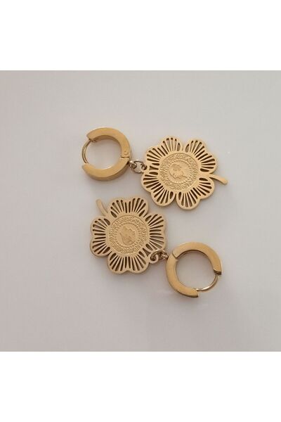 Ödül Moda Steel Gold Clover Tughra Earrings