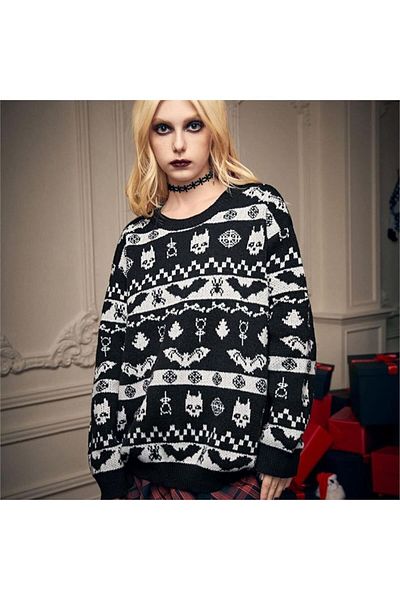 Köstebek Black Gothic Patterned Oversize Christmas Peripet Pullover