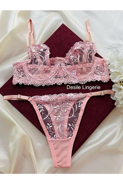 CES'Y LİNGERİE Set sutien sex damă cu broderie roz - cu sârmă și dantelă