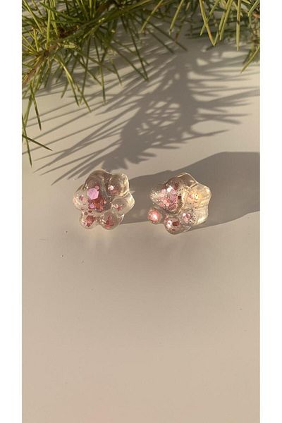 MISS GOLDEN Transparent Epoxy with Pink Glitter - Cat Dog Paw Shaped Earrings, Handmade with Silver Accessories