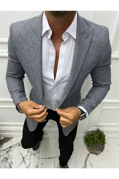 leonmen Men's Gray Italian Style Slim Fit Blazer Single Jacket