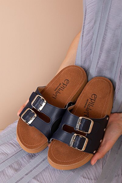 Epilla Women's Navy Blue Double Buckle Full Orthopedic Daily Epin Heel Spur Slippers