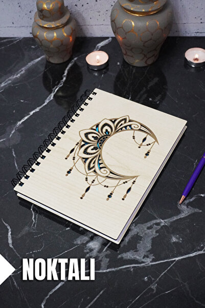 markcat دفتر ملاحظات منقط بطابع مون ماندالا - غطاء خشبي، جدول أعمال وكتاب مدر...