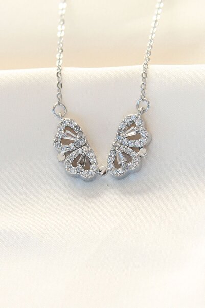 Westia 316L Zinciri Çelik Zirkon Taşlı Gümüş Renk Kalp Tasarımlı Yonca Kolye