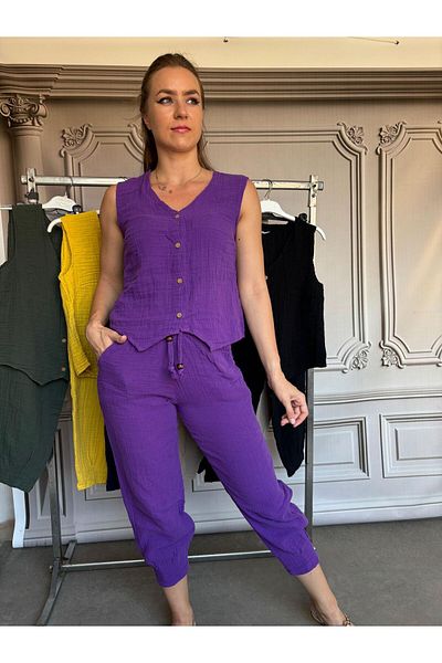 Butik Ayseba Purple Muslin Fabric Women's Vest and Trousers Set