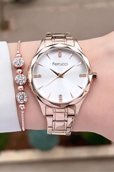 Ferrucci Bronz Renk 24 Ay Garantili Kadın Kol Saati ve Bileklik