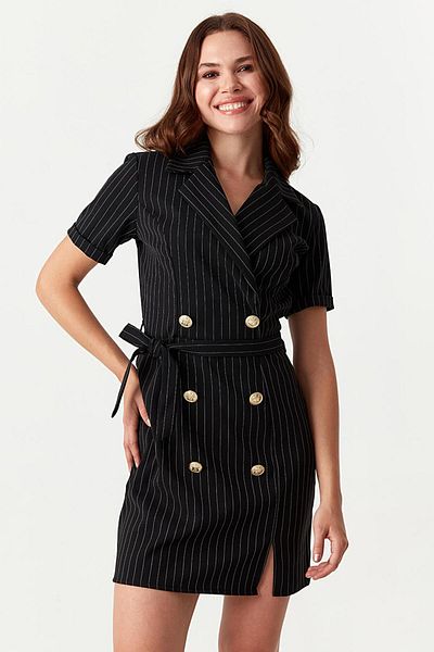 Select Moda Women's Black Striped Button Detailed Belted Jacket Dress