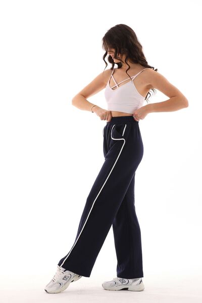 kallima Women's Navy Blue White High Waist Design Pocketed Striped Loose Wide Leg Three Thread Sweatpants