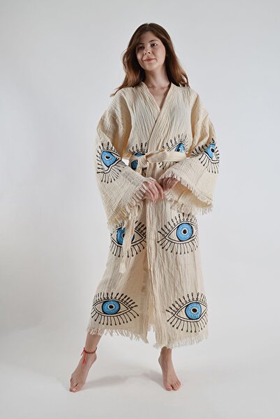 REİNA TEKS Cotton Blue kiMono kaftan - BiG Eye, Beted, Unisex, Muslin Peshtem...
