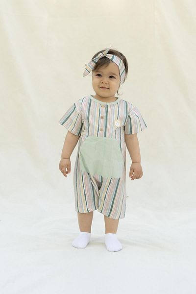Little Gusto Short Sleeve Baby Shorts Jumpsuit Green Striped Patterned