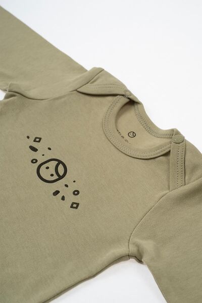 Little Gusto Long Sleeve Adjustable Snap Fastener Bodysuit Khaki Organic Cotton Planet Gusto