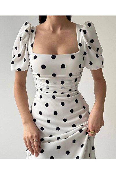 MyBella Λευκό πουά φόρεμα με τετράγωνο λαιμό